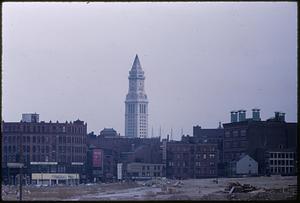 View of Custom House Tower among city buildings