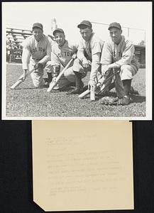 Can These Former A’s Snag Pennant For Red Sox? Sarasota, Fla., – When the Boston Red Sox start counting their pennant chances this season, these four former Philadelphia athletics are always mentioned. L to R. Jimmy Foxx, John Marcum, Dodger Cramer and Eric McNair.