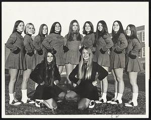 Marblehead High School Cheerleaders. Front, Joanne Clark (co-capt), Debbie Smit (capt.). Back, Janet Bragan, Kathy Kelley, Lisa Bray, Jansi Chandler, Lynne Johnson, Mimi Stanton, Debbie Norris, Mary Ann Tebbetts, Pam Collier.