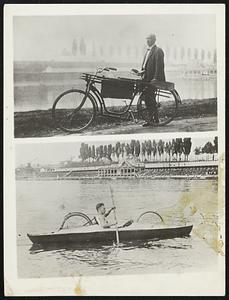A Vacation Necessity - The Amphibian Bicycle. The inventors of this vehicle, Herman Bouillon, and Albert Kutt of Berlin, call it the "Kuborad." For the vacationist who delights in trekking about the country alone, it cant be bettered. On land it is a bicycle, and it includes as accessories, the canvas and framework of which the bicycle is part, for a serviceable canoe for water journeys. Photo shows: -- The Kuborad on land, and on water.