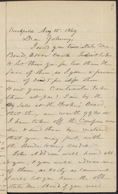 Letter from Zadoc Long to John D. Long, August 15, 1869