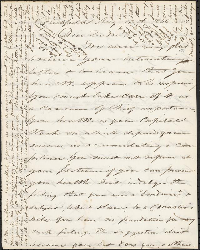 Letter from Zadoc Long to Zadoc Long Jr., August 12, 1866