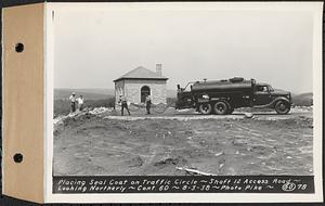 Contract No. 60, Access Roads to Shaft 12, Quabbin Aqueduct, Hardwick and Greenwich, placing seal coat on traffic circle, Greenwich and Hardwick, Mass., Aug. 3, 1938