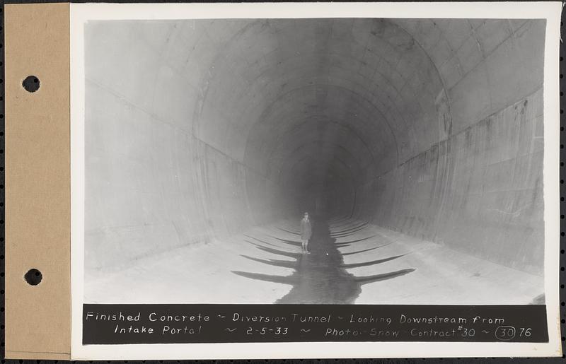 Contract No. 30, Stream Control Works at Main Dam, Swift River Reservoir, Belchertown, Enfield, Ware, finished concrete, diversion tunnel, looking downstream from intake portal, Belchertown, Mass., Feb. 5, 1933