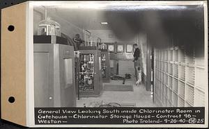 Contract No. 96, Chlorine Storage House and Equipment and Chlorinating Equipment for Gate House at Norumbega Reservoir, Weston, general view looking south inside chlorinator room in gatehouse, chlorinator storage house, Weston, Mass., Sep. 26, 1940