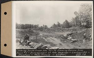 Contract No. 99, Enlargement of Fells High Level Distribution Reservoir, Stoneham, Malden, Melrose, looking south from Sta. 25+75 showing borrow area, basin 2, enlargement of Fells Reservoir, Stoneham, Mass., Jun. 27, 1940