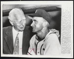A Great Battery--Connie Mack, 89-year-old one-time major league catcher, huddles with Bobby Shantz of the Athletics before the start last night of the twi-night twin bill with the Washington Senators. Mack, no longer active in managing the affairs of the A's, has followed them on their current road trip and was in the stands Sunday when Shantz dropped his fourth game of the year, losing to Washington. The pint-sized Philadelphia hurler is the first major leaguer to win 20 games so far this season. Connie was managing the team when Shantz was signed several years ago.