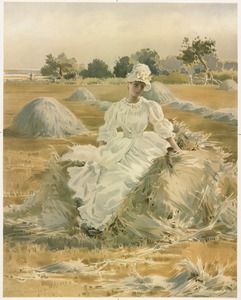 Woman seated upon haystack