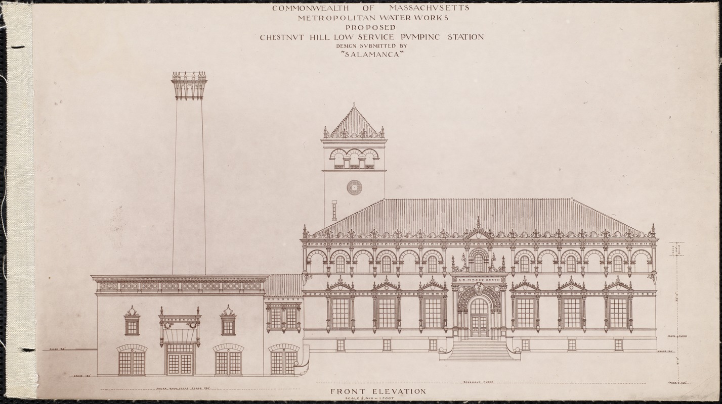 Distribution Department, Chestnut Hill Low Service Pumping Station, architect's line drawing of a proposed design (front elevation); submitted by Burr & Sise (Salamanca), Brighton, Mass., ca. 1898
