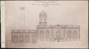 Distribution Department, Chestnut Hill Low Service Pumping Station, architect's line drawing of a proposed design (front elevation); submitted by Burr & Sise (Aries), Brighton, Mass., ca. 1898