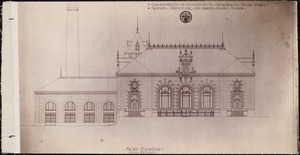 Distribution Department, Chestnut Hill Low Service Pumping Station, architect's line drawing of a proposed design (front elevation); submitted by Winslow & Wetherell (compass enclosed in a circle), Brighton, Mass., ca. 1898