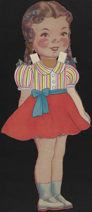 Paper doll of young girl with braids in outfits