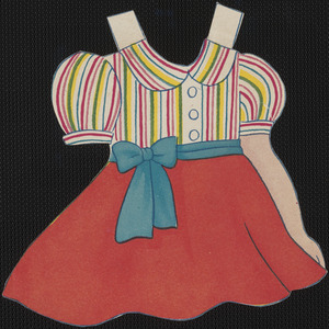Clothing with attached accessories for paper doll of young girl with braids