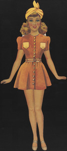Paper doll of blonde woman with hands out in outfits