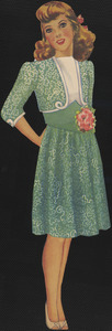 Paper doll of blonde woman with hand on hip in outfits