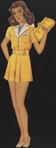 Paper doll of brunette with hand on hip in outfits