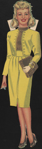 Betty Grable paper doll in outfits with one hand behind back