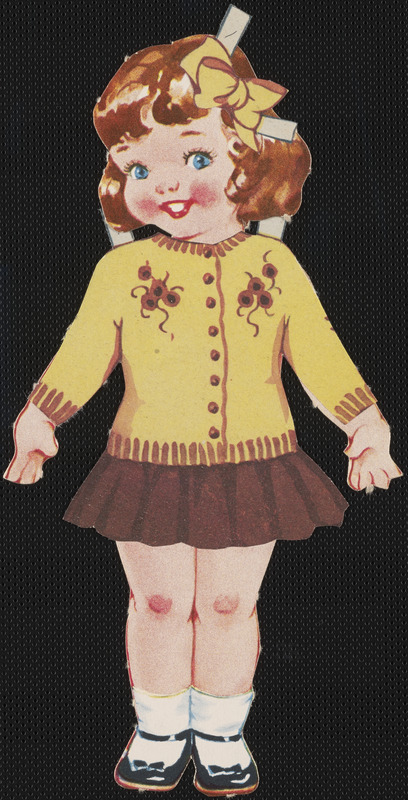 Betty paper doll in outfits with head turned to the left
