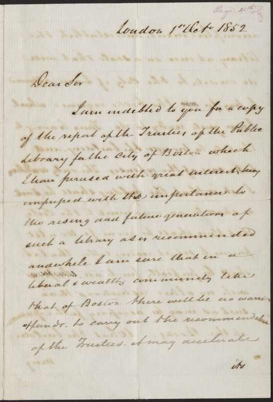 Letter from Joshua Bates, London, to Mayor Benjamin Seaver, Boston, 1852 October 1
