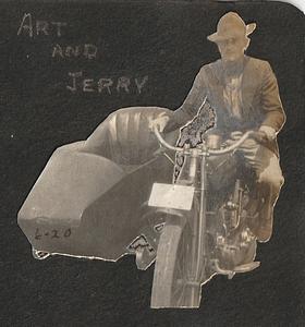 "Art and Jerry" Arthur S. Graham on motorcycle, West Yarmouth, Mass.