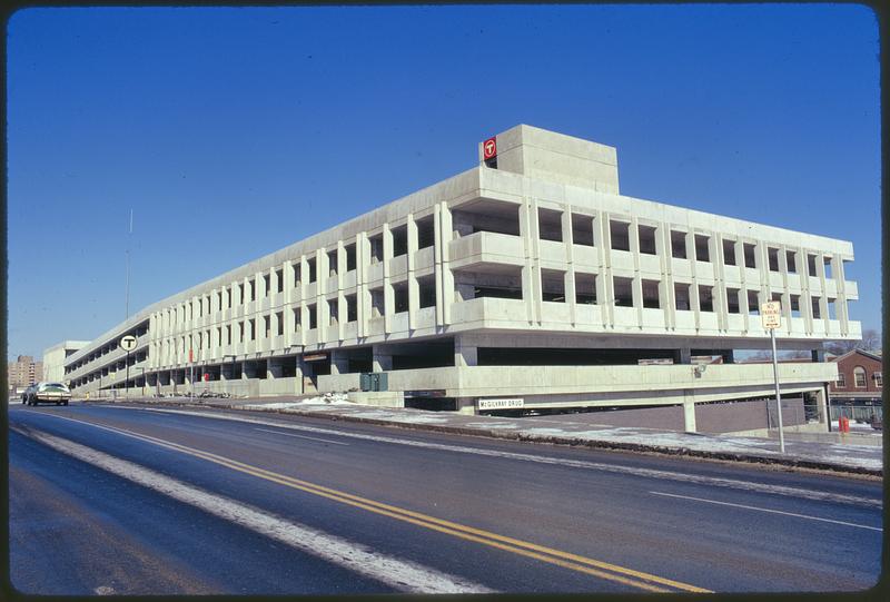 Part of series on Mass. Transit - new Quincy Rapid Transit line to Boston showing parking garage