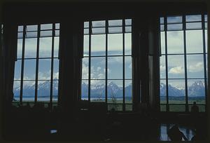 View of mountains through Jackson Lake Lodge windows, Wyoming