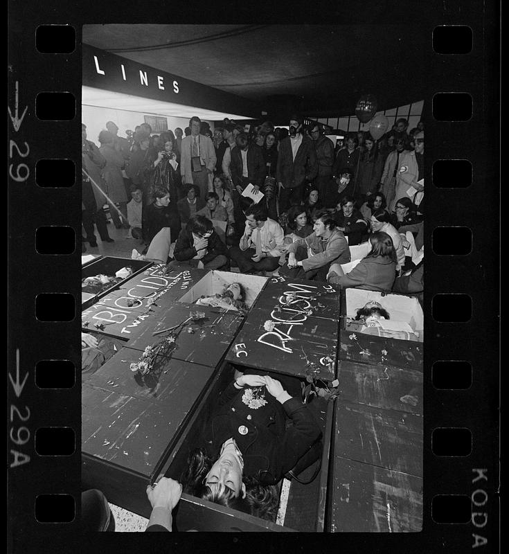 Earth Day demonstration (note coffins), Logan Airport