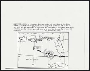 Newsmap locates early 9/9 position of Hurricane Betsy (3 AM, EDT, advisory), which was moving West-Northwest at 17 miles per hour and was expected to continue her progress at the same rate until later in the day when a gradual turn to a more Northwesterly course was expected.