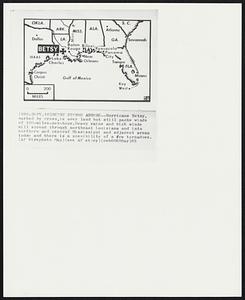 Betsy Storms Ashore -- Hurricane Betsy, marked by cross, is over land but still packs winds of 100-miles-per-hour. Heavy rains and high winds will spread through northeast Louisiana and into northern and central Mississippi and adjacent areas today and there is a possibility of a few tornadoes.