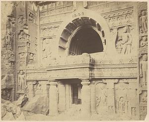 View from the right of façade of Buddhist chaitya hall, Cave XIX, Ajanta