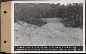 Contract No. 66, Regulating Dams, Middle Branch (New Salem), and East Branch of the Swift River, Hardwick and Petersham (formerly Dana), looking westerly at dam 1 from Sta. 56+25, middle branch regulating dams, Hardwick, Mass., Sep. 12, 1939