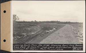 Contract No. 80, High Level Distribution Reservoir, Weston, looking south from Sta. 15+60 showing spoil and borrow area east of dam 1, high level distribution reservoir, Weston, Mass., May 29, 1940