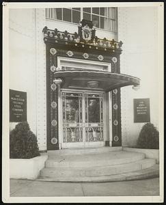 The Steel Age. Symbolized by Building of Glass and Metal in Worcester Massachusetts. The striking doorway of the first all steel and glass building in America--which houses the executive offices of the Worcester Pressed Steel Co.
