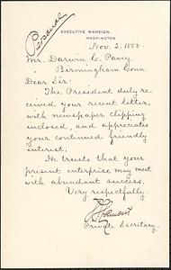 Letter from Daniel S. Lamont, Washington, to Darwin C. Pavey, Birmingham, Conn., 1888 November 2