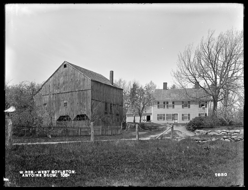 Wachusett Reservoir, Antoine Snow's house and barn, on the southwesterly corner of Beaman and Fletcher Streets, from the southeast, West Boylston, Mass., May 18, 1898