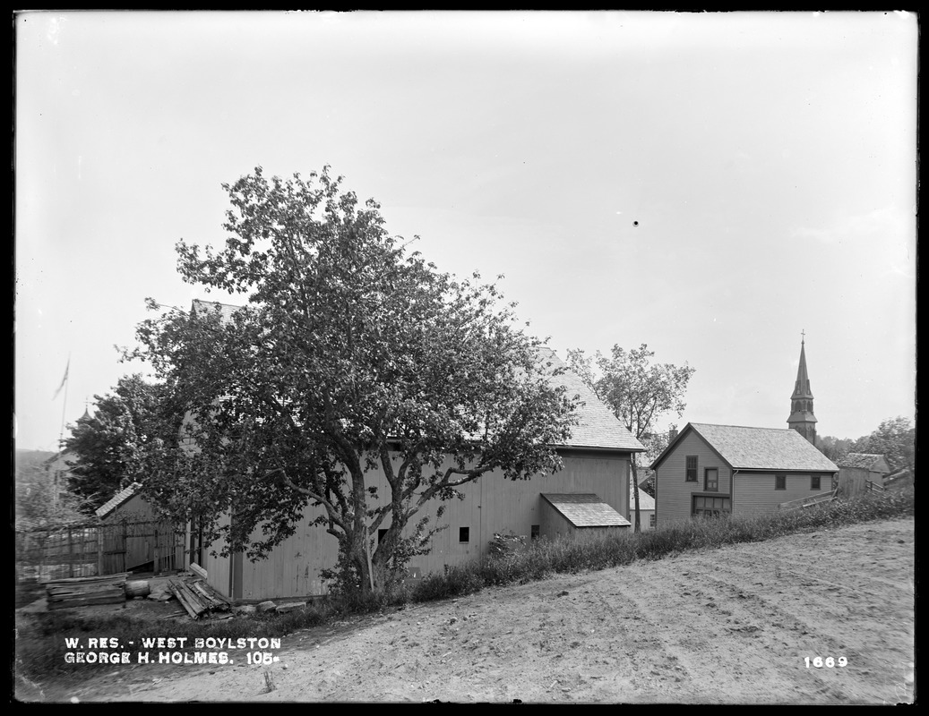 Wachusett Reservoir, George H. Holmes' barn and carriage house, on the northerly side of East Main Street, from the northeast, West Boylston, Mass., Jun. 6, 1898