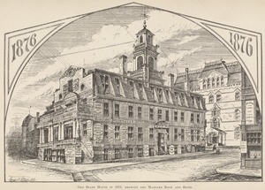 Old State House in 1876, showing the mansard roof and signs