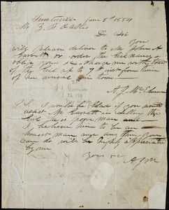 A. J. McElveen, Sumpterville, S.C., autograph note signed to Ziba B. Oakes, 5 June 1854