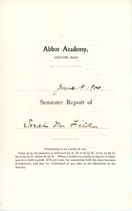 Sarah (Sallie) M. Field, Abbot Academy semester report, June 19, 1900