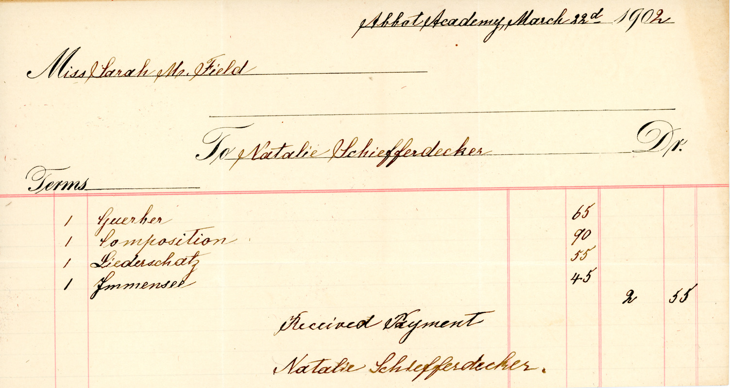 Bill paid to Natalie Schiefferdecker by Sarah M. Field on March 22, 1902