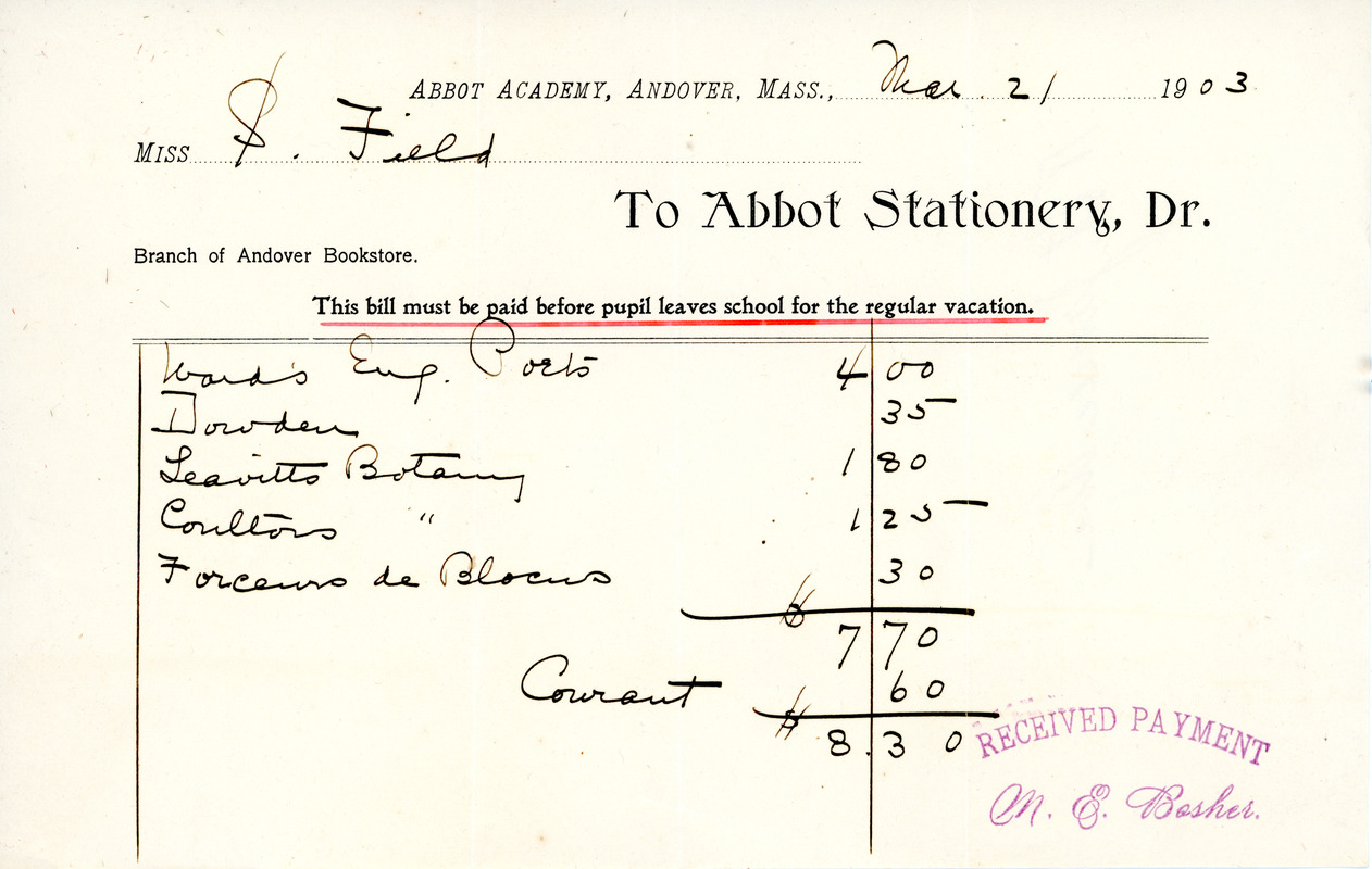 Bill to the Abbot Academy bookstore, March 21, 1903