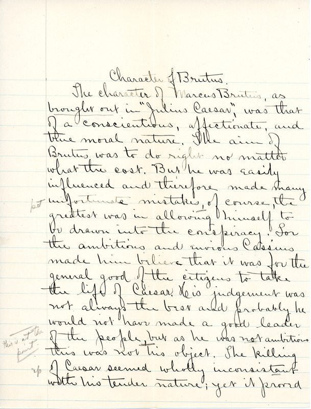 "Characher to Brutus" essay for English IV by Sarah (Sallie) M. Field, Abbot Academy, class of 1904