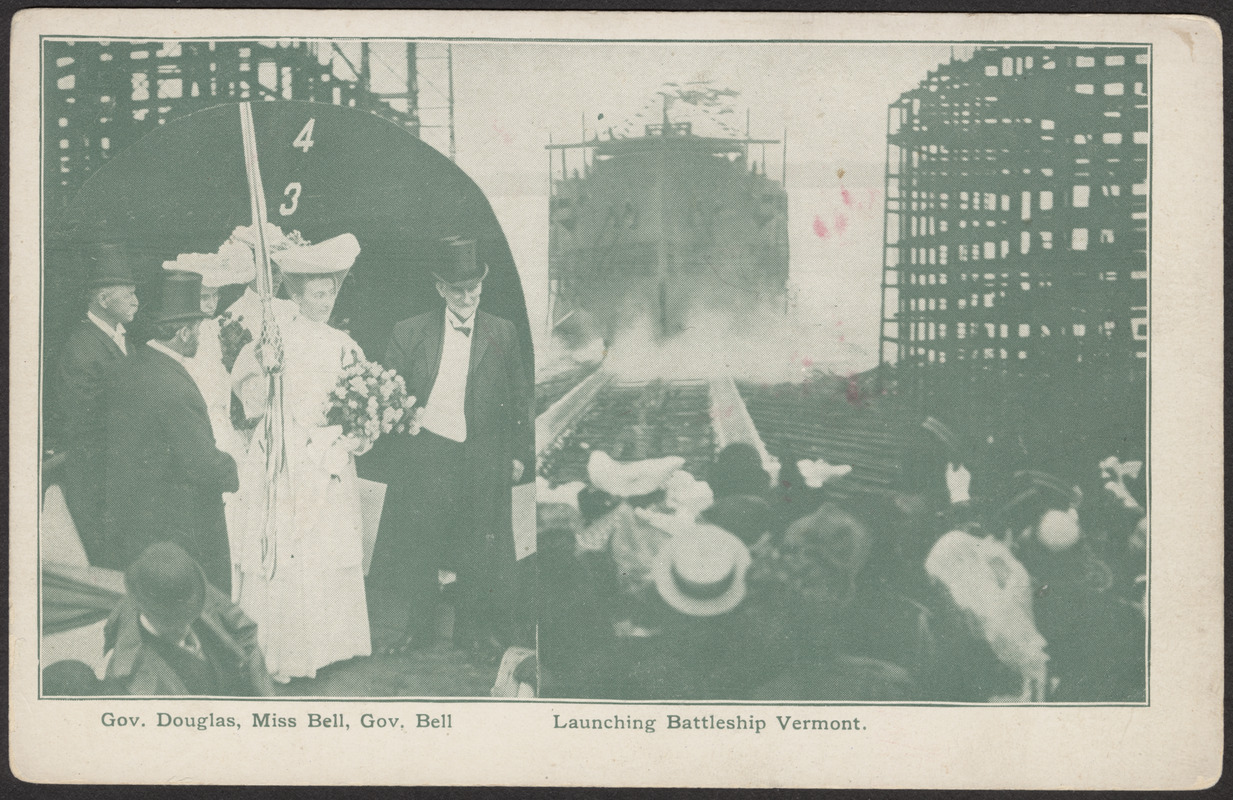 Gov. Douglas, Miss Bell, Gov. Bell, launching Battleship Vermont