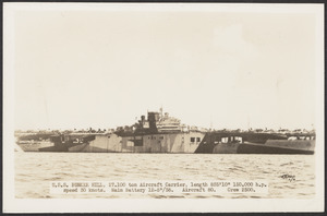 U.S.S. Bunker Hill, 27.100 ton aircraft carrier, length 855'10" 150.000 h.p. speed 30 knotts. Main battery 12-5"/38. Aircraft 80. Crew 2500.