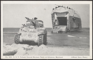 L.S.T. unloads General Sherman Tanks at Solomons, Maryland
