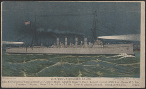 U.S. scout cruiser Salem, built by Fore River Shipbuilding Co., Quincy, Mass. Atlantic Fleet Reserve. Length over all, 423 ft. 1 in., Beam, 47 ft. 1 in., tonnage 3750 tons: Guns, 2-5 in., 6-3 in., Crew 42 officers, 326 men. Speed, 25.95 knots.