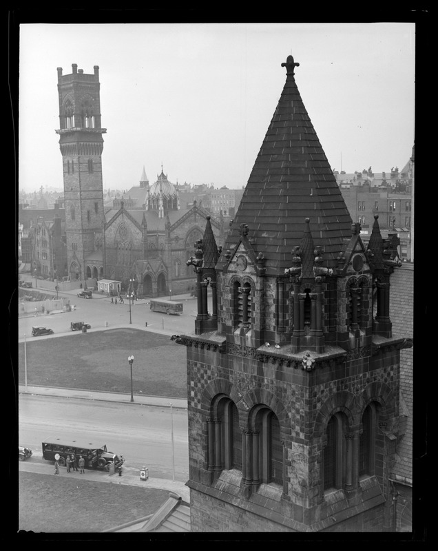 New Old South Church tower being razed as it is leaning. From Hotel Westminster, Copley Square