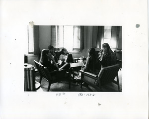 Abbot Academy students in Butt Room including Marcia McCabe, Class of '73, and Peggy Bliss, Class of '74, Lila Wills, Class of '72