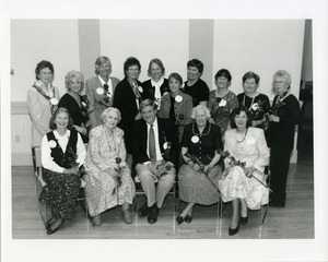 Abbot Academy Association including (Standing): Susan Urie, Anne Oliver Jackson, Sandy Urie, Nancy Sizer, Mimi Ganem Reeder, Sybil Smith '61, Betsy Bruns Eaton '62, Connie Lemaitre '53; Seated: Carol Hardin Kimball, Beverly Brooks Floe, Ted Sizer, Mindy Nutting, Jean St. Pierre