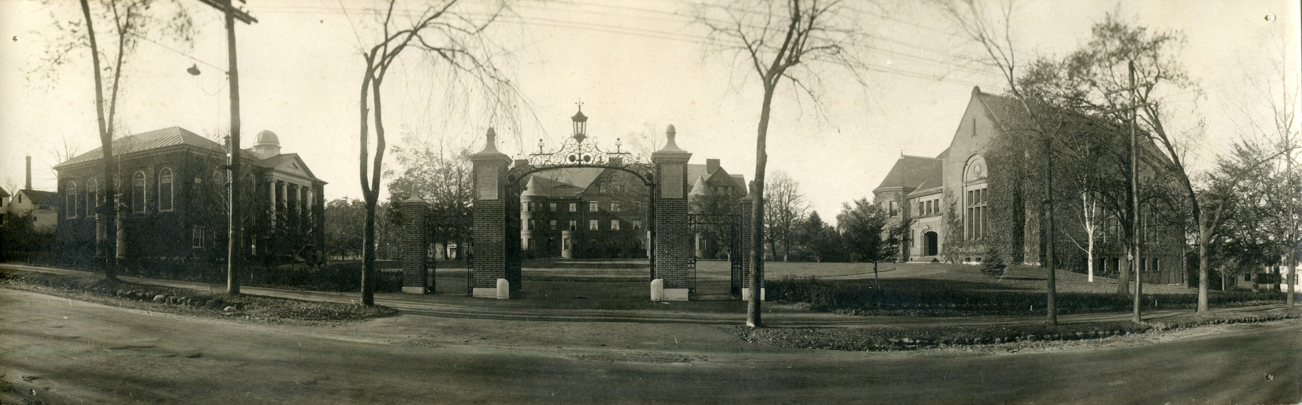 Abbot Academy campus panorama through Merrill Gate